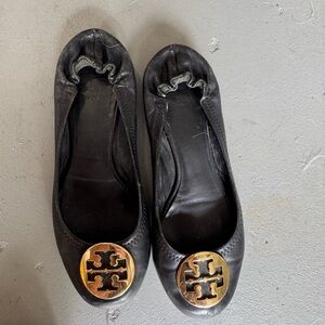 Tory Burch Black Flats with Gold Emblem